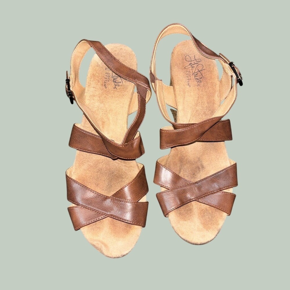 LifeStride 9M Soft System Womens Brown‎ Strappy Slingback Wedge Sandals Buckle